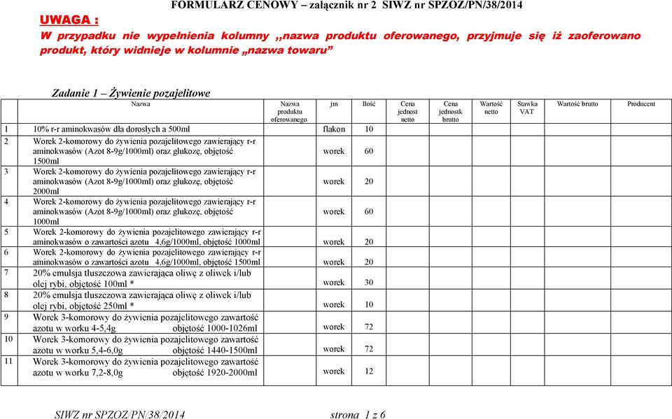 oraz glukozę, objętość worek 60 1500ml 3 Worek 2-komorowy do żywienia pozajelitowego zawierający r-r aminokwasów (Azot 8-9g/1000ml) oraz glukozę, objętość worek 20 2000ml 4 Worek 2-komorowy do