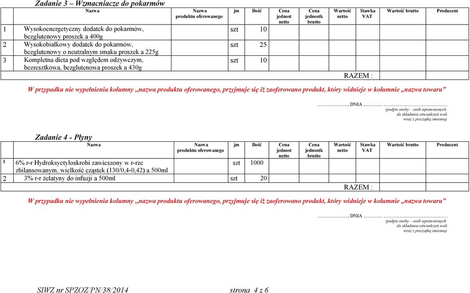 proszek a 430g jm Ilość szt 10 szt 25 szt 10 Zadanie 4 - Płyny jm Ilość 1 6% r-r Hydroksyetyloskrobi zawieszony w r-rze szt 1000