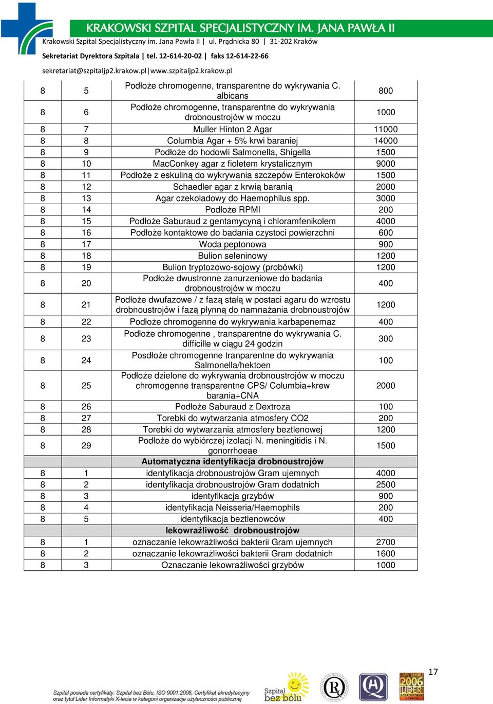 Salmonella, Shigella 1500 8 10 MacConkey agar z fioletem krystalicznym 9000 8 11 PodłoŜe z eskuliną do wykrywania szczepów Enterokoków 1500 8 12 Schaedler agar z krwią baranią 2000 8 13 Agar