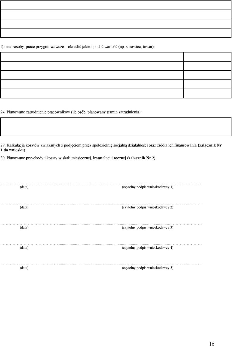 Kalkulacja kosztów związanych z podjęciem przez spółdzielnię socjalną działalności oraz źródła ich finansowania (załącznik Nr 1 do wniosku). 30.