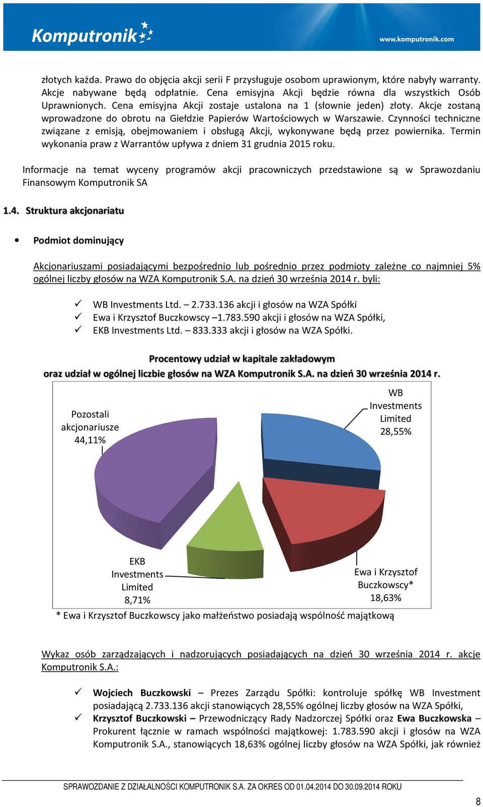 Czynności techniczne związane z emisją, obejmowaniem i obsługą Akcji, wykonywane będą przez powiernika. Termin wykonania praw z Warrantów upływa z dniem 31 grudnia 2015 roku.