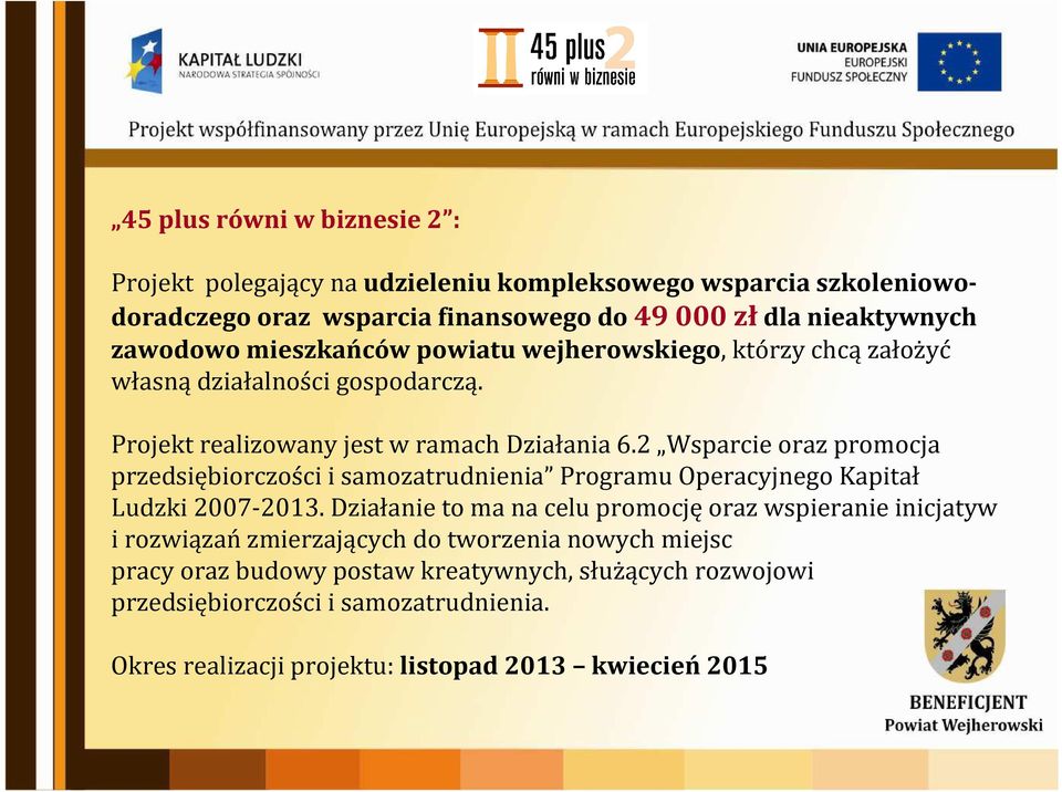2 Wsparcie oraz promocja przedsiębiorczości i samozatrudnienia Programu Operacyjnego Kapitał Ludzki 2007-2013.