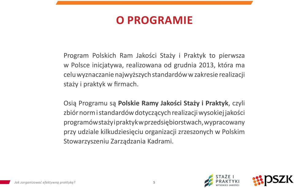 Osią Programu są Polskie Ramy Jakości Staży i Praktyk, czyli zbiór norm i standardów dotyczących realizacji wysokiej jakości programów