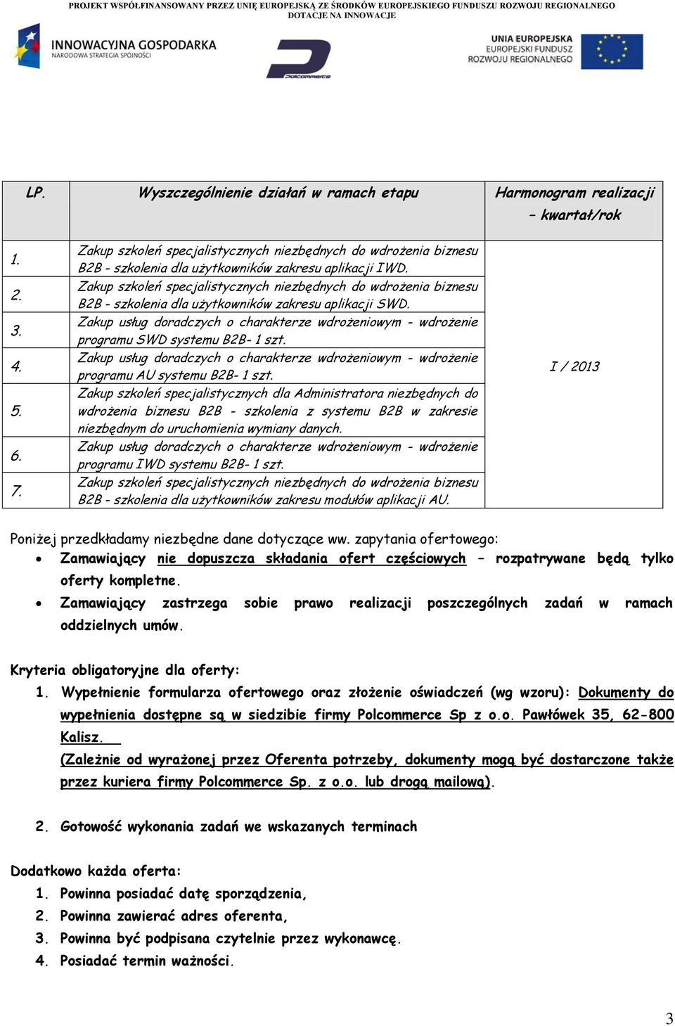 B2B - szkolenia dla użytkowników zakresu modułów aplikacji AU. I / 2013 Poniżej przedkładamy niezbędne dane dotyczące ww.