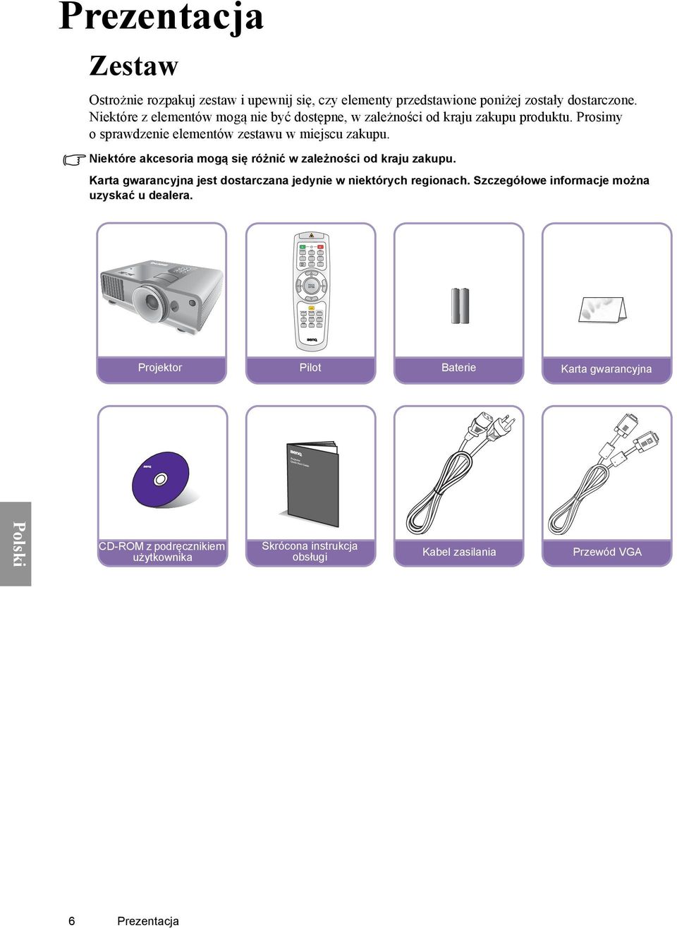 Niektóre akcesoria mogą się różnić w zależności od kraju zakupu. Karta gwarancyjna jest dostarczana jedynie w niektórych regionach.