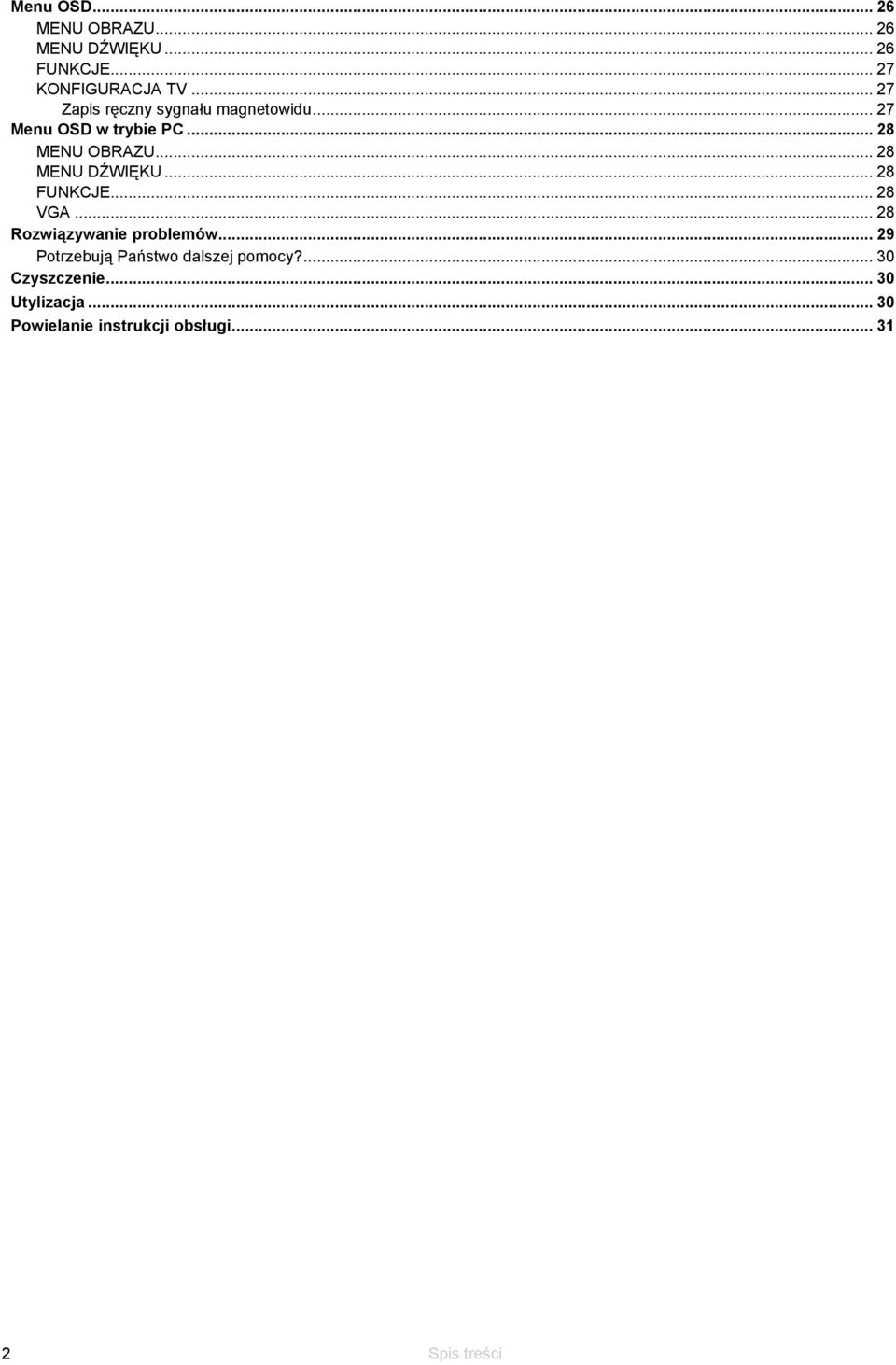 .. 28 MENU DŹWIĘKU... 28 FUNKCJE... 28 VGA... 28 Rozwiązywanie problemów.