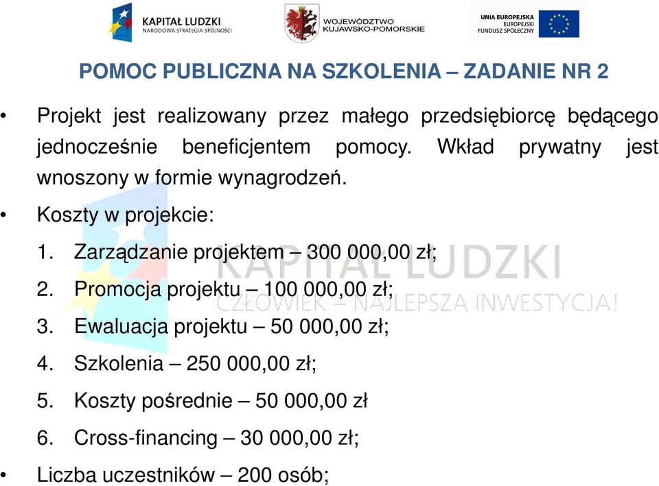 Zarządzanie projektem 300 000,00 zł; 2. Promocja projektu 100 000,00 zł; 3. Ewaluacja projektu 50 000,00 zł; 4.