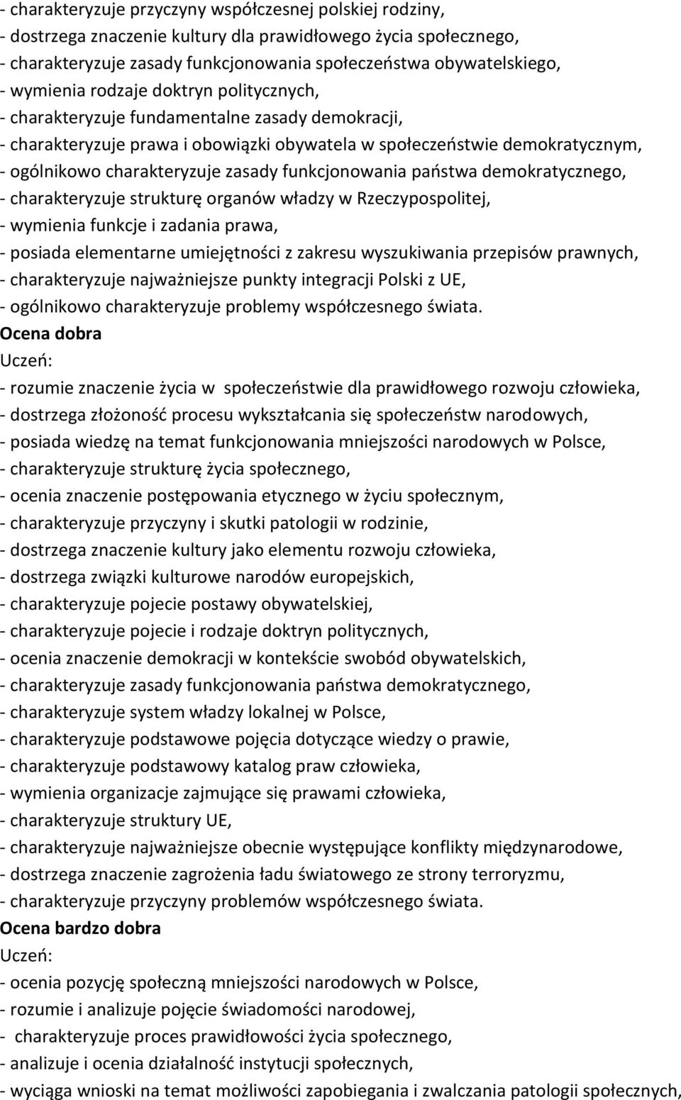 zasady funkcjonowania państwa demokratycznego, - charakteryzuje strukturę organów władzy w Rzeczypospolitej, - wymienia funkcje i zadania prawa, - posiada elementarne umiejętności z zakresu