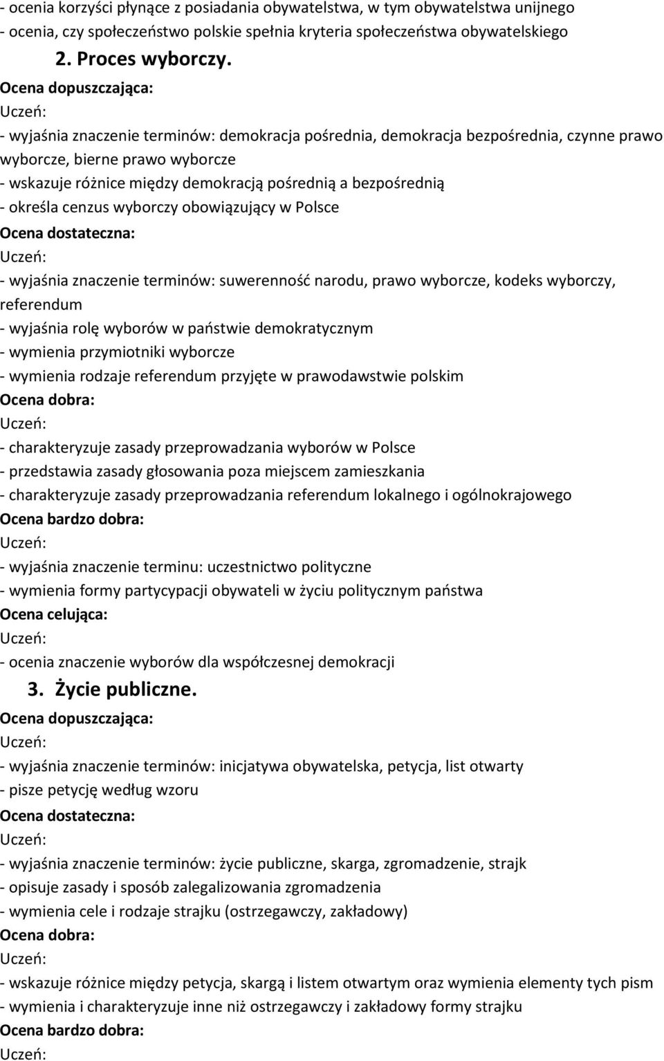 cenzus wyborczy obowiązujący w Polsce - wyjaśnia znaczenie terminów: suwerenność narodu, prawo wyborcze, kodeks wyborczy, referendum - wyjaśnia rolę wyborów w państwie demokratycznym - wymienia