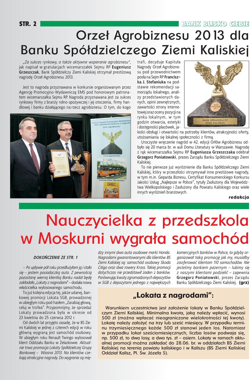 Bank Spółdzielczy Ziemi Kaliskiej otrzymał prestiżową nagrodę Orzeł Agrobiznesu 2013.