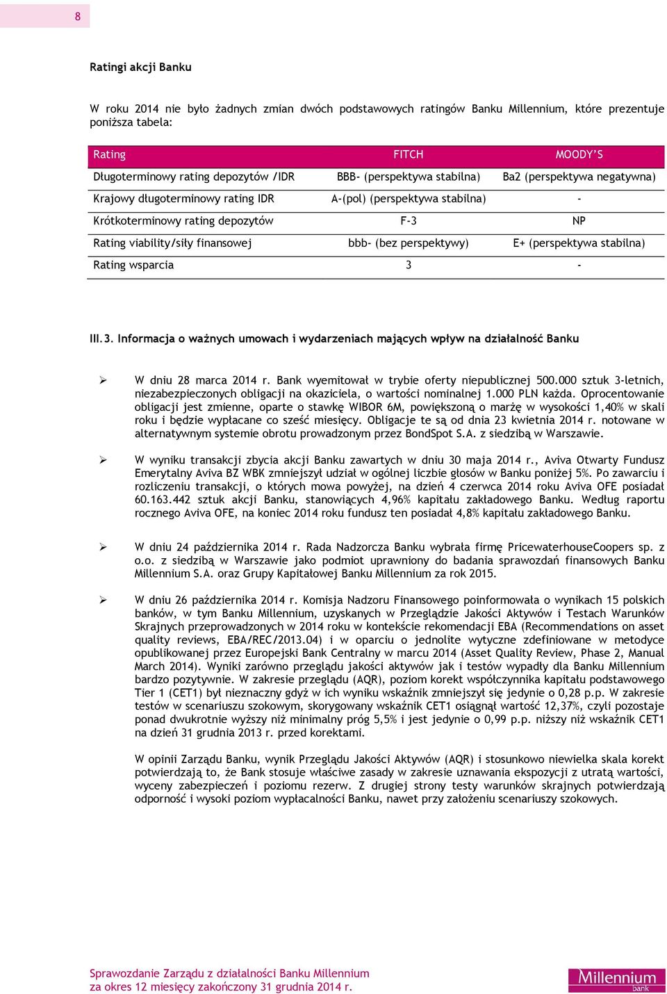 (bez perspektywy) E+ (perspektywa stabilna) Rating wsparcia 3 - III.3. Informacja o ważnych umowach i wydarzeniach mających wpływ na działalność Banku W dniu 28 marca 2014 r.