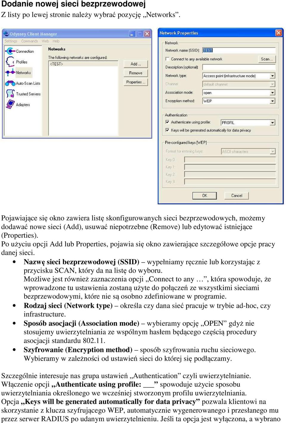 Po użyciu opcji Add lub Properties, pojawia się okno zawierające szczegółowe opcje pracy danej sieci.