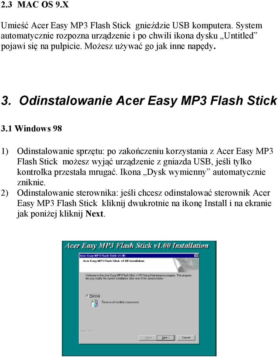 Odinstalowanie Acer Easy MP3 Flash Stick 3.