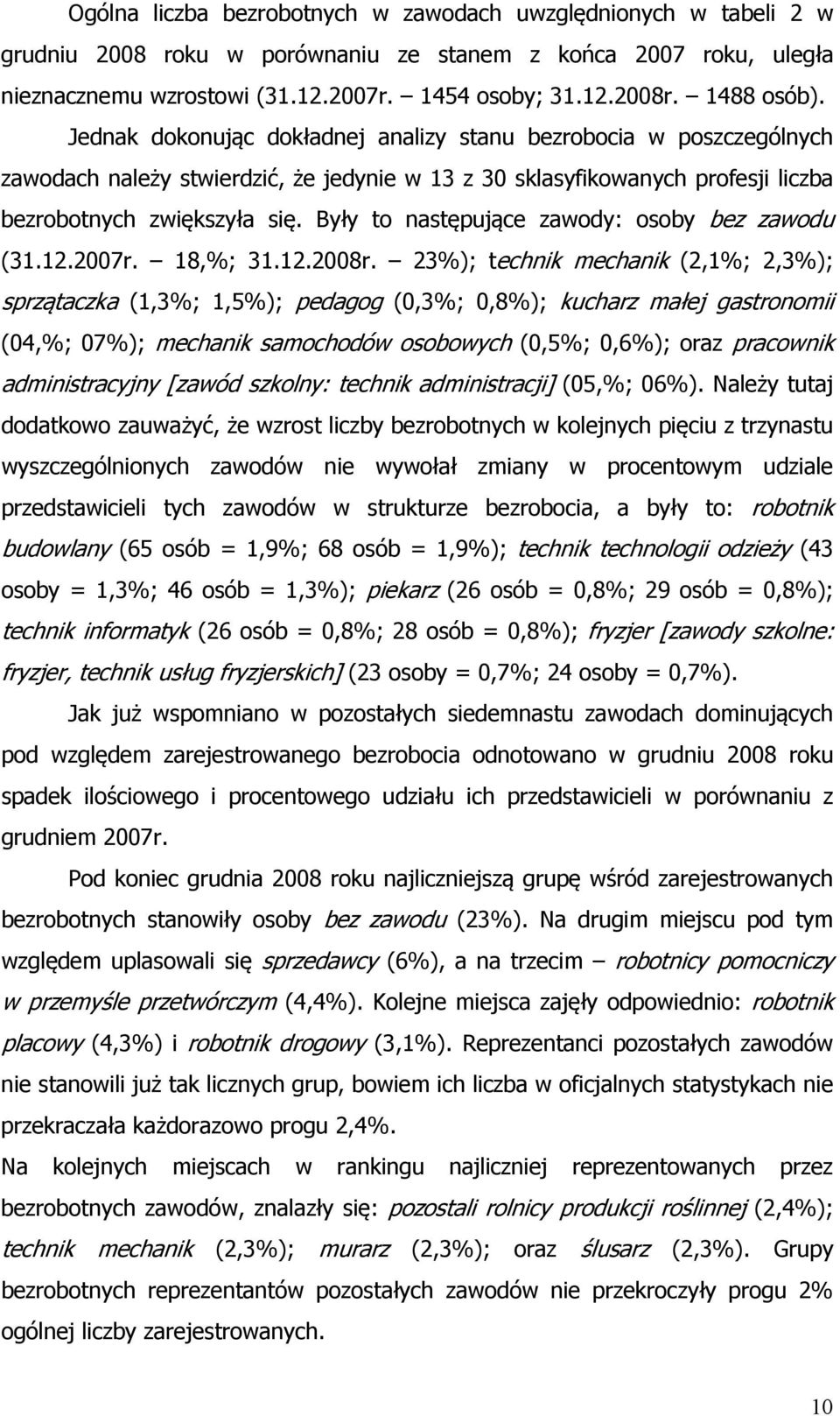 Były to następujące zawody: osoby bez zawodu (31.12.2007r. 18,%; 31.12.2008r.