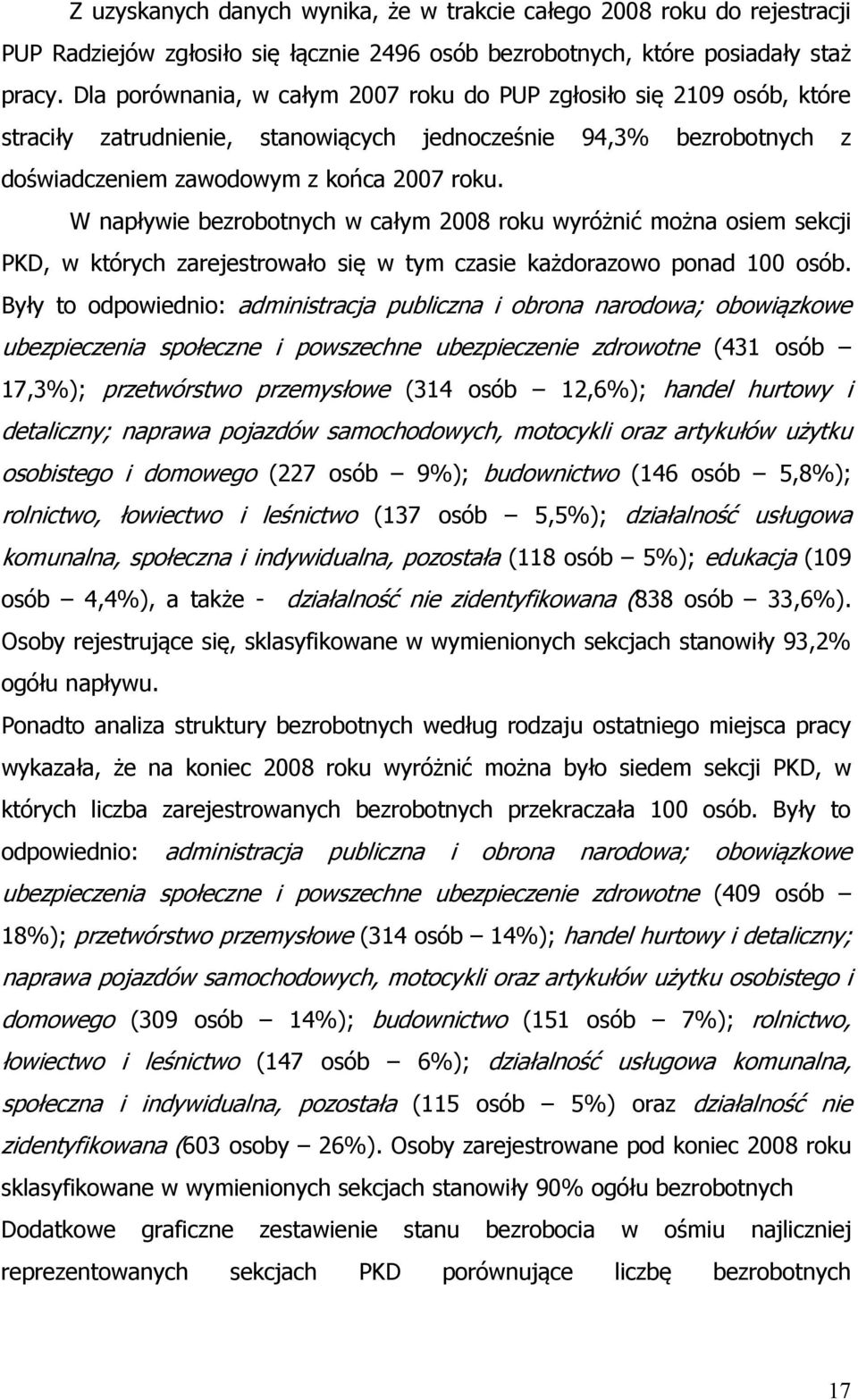 W napływie bezrobotnych w całym 2008 roku wyróżnić można osiem sekcji PKD, w których zarejestrowało się w tym czasie każdorazowo ponad 100 osób.