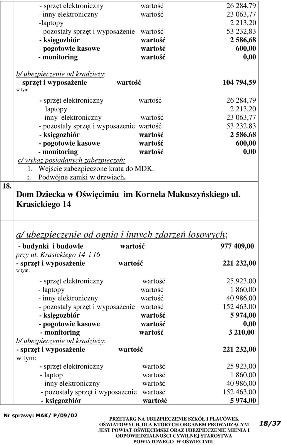 wartość 23 063,77 - pozostały sprzęt i wyposażenie wartość 53 232,83 - księgozbiór wartość 2 586,68 - pogotowie kasowe wartość 600,00 - monitoring wartość 0,00 c/ wykaz posiadanych zabezpieczeń: 1.