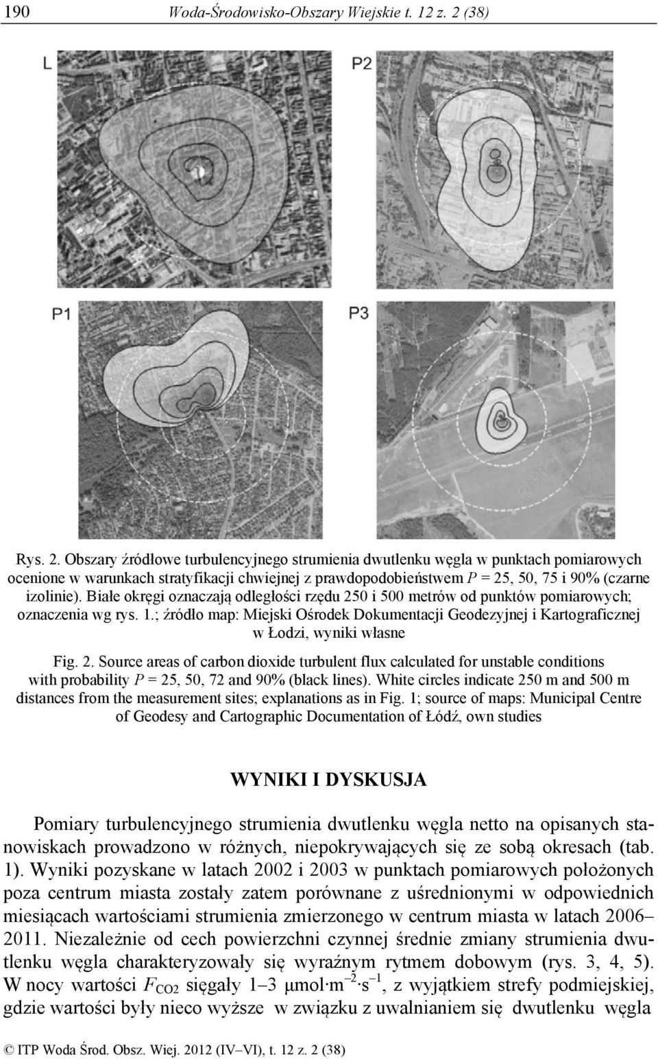 Obszary źródłowe turbulencyjnego strumienia dwutlenku węgla w punktach pomiarowych ocenione w warunkach stratyfikacji chwiejnej z prawdopodobieństwem P = 25, 50, 75 i 90% (czarne izolinie).