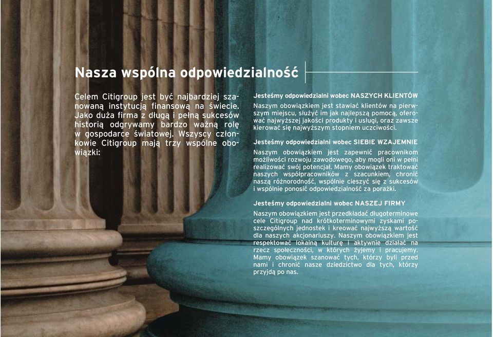 Wszyscy cz³onkowie Citigroup maj¹ trzy wspólne obowi¹zki: Jesteœmy odpowiedzialni wobec NASZYCH KLIENTÓW Naszym obowi¹zkiem jest stawiaæ klientów na pierwszym miejscu, s³u yæ im jak najlepsz¹ pomoc¹,