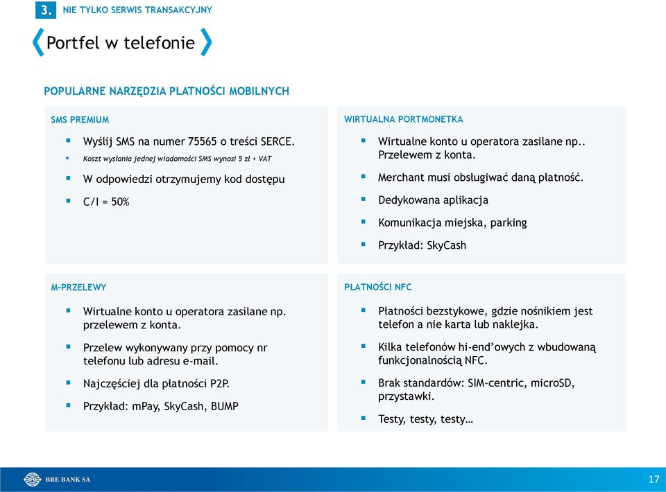 Merchant musi obsługiwać daną płatność. Dedykowana aplikacja Komunikacja miejska, parking Przykład: SkyCash M-PRZELEWY Wirtualne konto u operatora zasilane np. przelewem z konta.