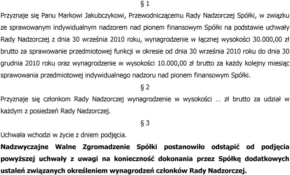 000,00 zł brutto za sprawowanie przedmiotowej funkcji w okresie od dnia 30 września 2010 roku do dnia 30 grudnia 2010 roku oraz wynagrodzenie w wysokości 10.