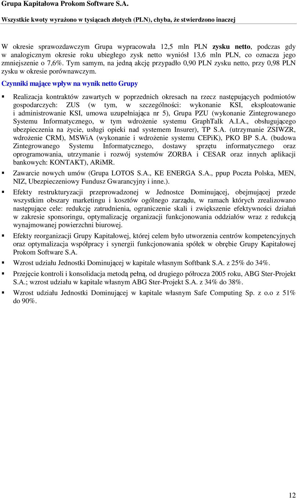 Czynniki mające wpływ na wynik netto Grupy Realizacja kontraktów zawartych w poprzednich okresach na rzecz następujących podmiotów gospodarczych: ZUS (w tym, w szczególności: wykonanie KSI,