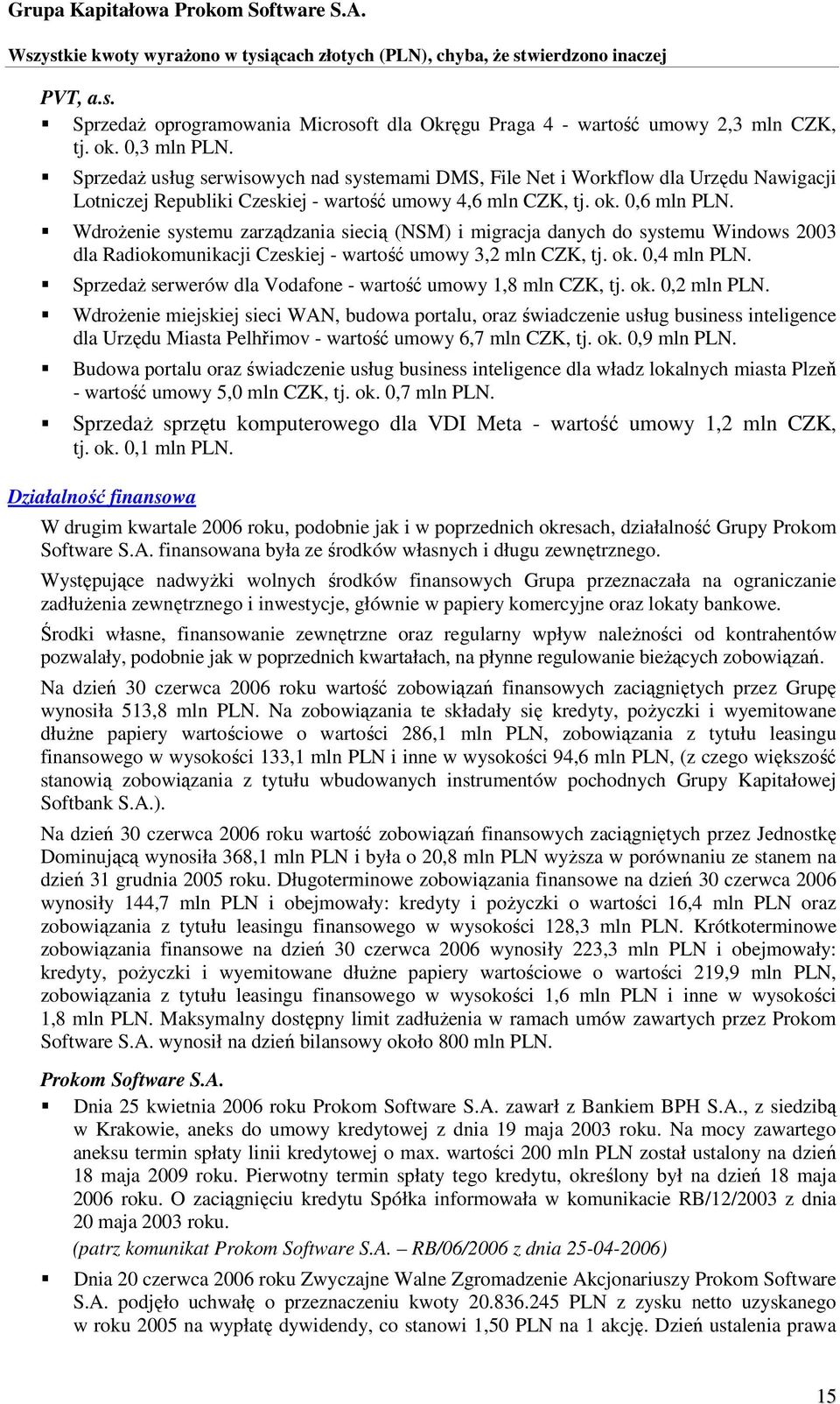 Wdrożenie systemu zarządzania siecią (NSM) i migracja danych do systemu Windows 2003 dla Radiokomunikacji Czeskiej - wartość umowy 3,2 mln CZK, tj. ok. 0,4 mln PLN.