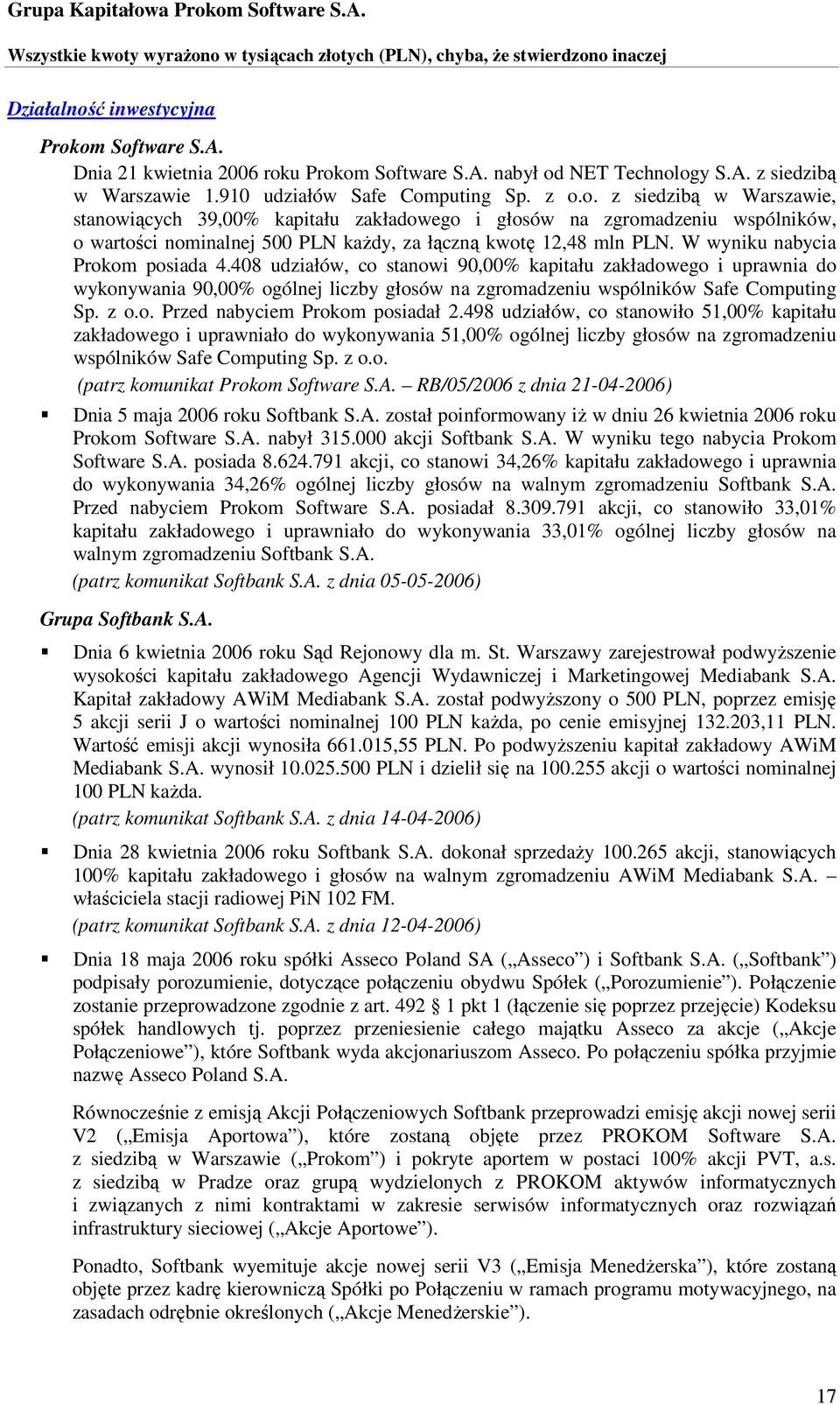 498 udziałów, co stanowiło 51,00% kapitału zakładowego i uprawniało do wykonywania 51,00% ogólnej liczby głosów na zgromadzeniu wspólników Safe Computing Sp. z o.o. (patrz komunikat Prokom Software S.