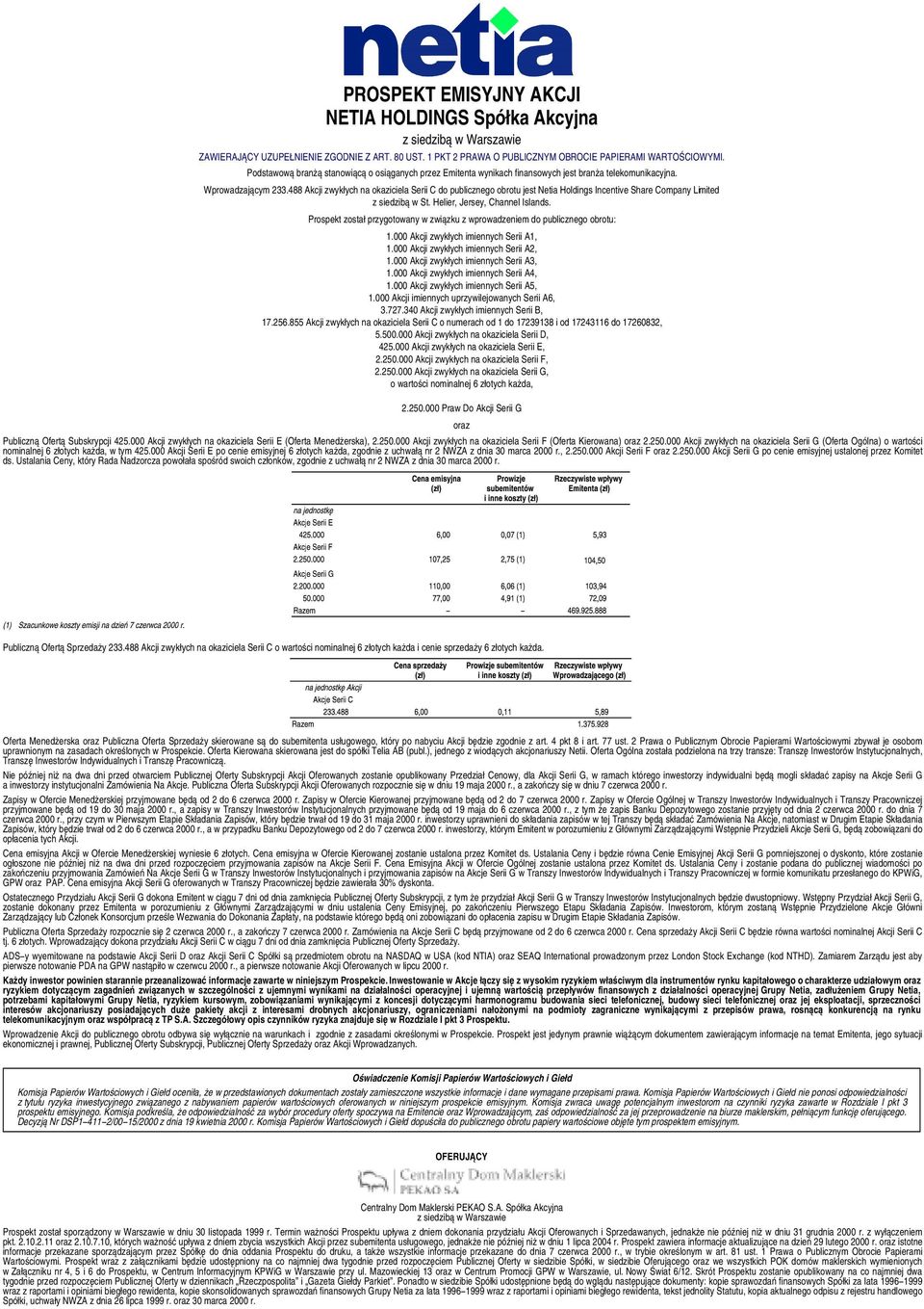 488 Akcji zwyk³ych na okaziciela Serii C do publicznego obrotu jest Netia Holdings Incentive Share Company Limited z siedzib¹ w St. Helier, Jersey, Channel Islands.