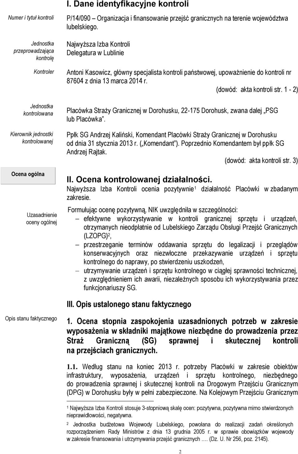 Najwyższa Izba Kontroli Delegatura w Lublinie Antoni Kasowicz, główny specjalista kontroli państwowej, upoważnienie do kontroli nr 87604 z dnia 13 marca 2014 r. (dowód: akta kontroli str.