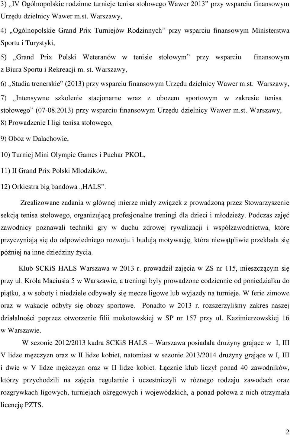 Warszawy, 4) Ogólnopolskie Grand Prix Turniejów Rodzinnych przy wsparciu finansowym Ministerstwa Sportu i Turystyki, 5) Grand Prix Polski Weteranów w tenisie stołowym przy wsparciu finansowym z Biura