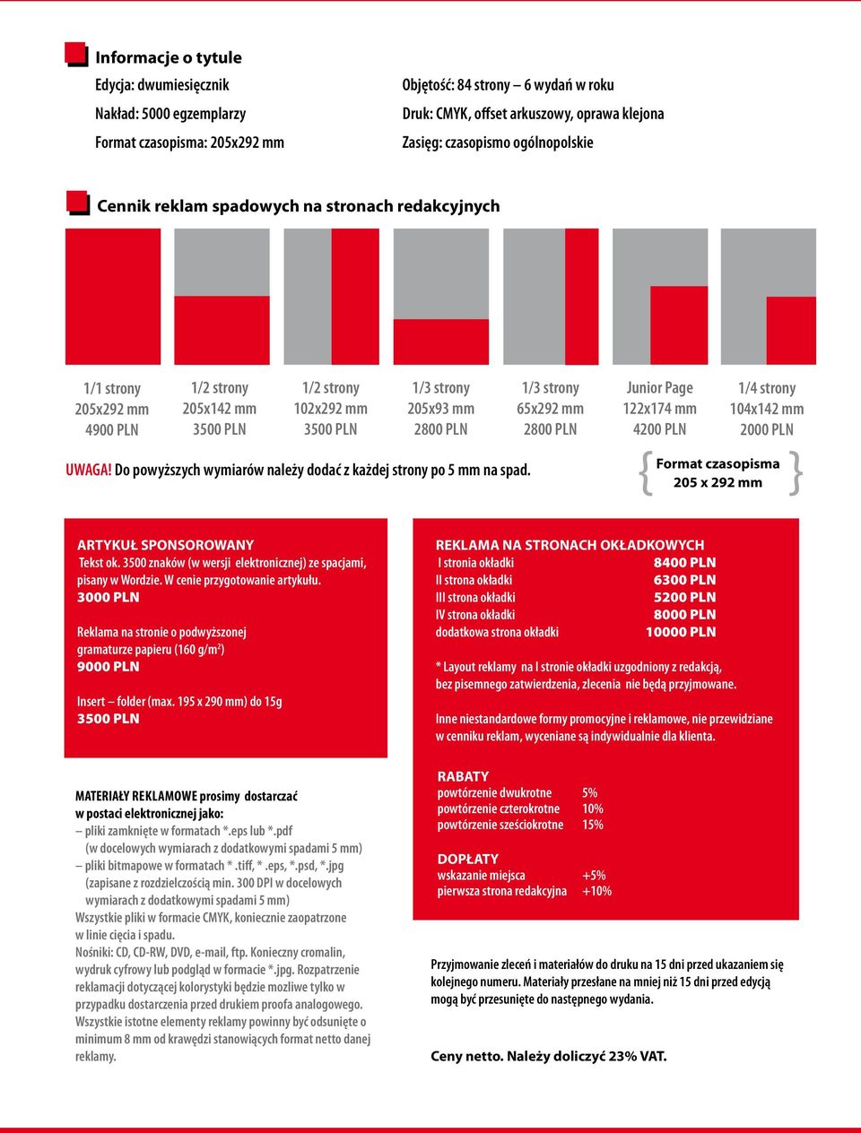 65x292 mm 2800 PLN Junior Page 122x174 mm 4200 PLN 1/4 strony 104x142 mm 2000 PLN UWAGA! Do powyższych wymiarów należy dodać z każdej strony po 5 mm na spad.