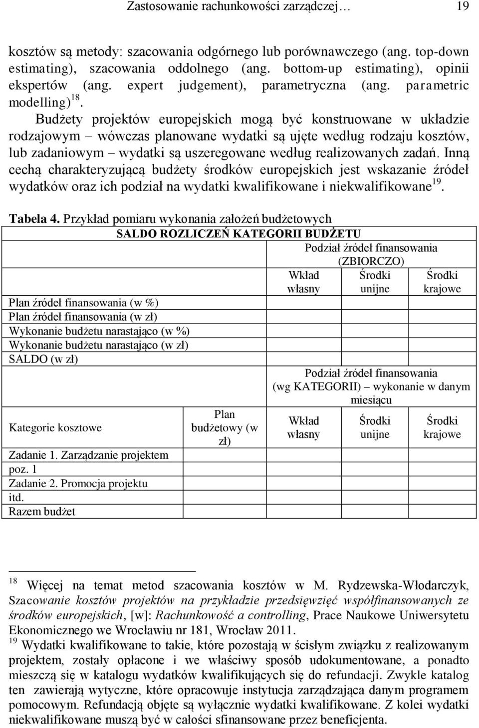 Budżety projektów europejskich mogą być konstruowane w układzie rodzajowym wówczas planowane wydatki są ujęte według rodzaju kosztów, lub zadaniowym wydatki są uszeregowane według realizowanych zadań.