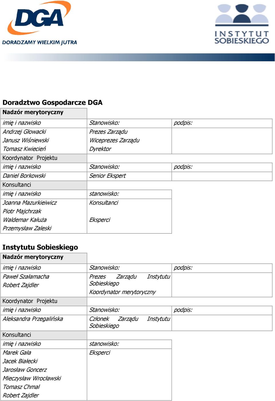 Eksperci Instytutu Sobieskiego Nadzór merytoryczny imię i nazwisko Stanowisko: podpis: Paweł Szałamacha Robert Zajdler Koordynator Projektu Prezes Zarządu Instytutu Sobieskiego Koordynator