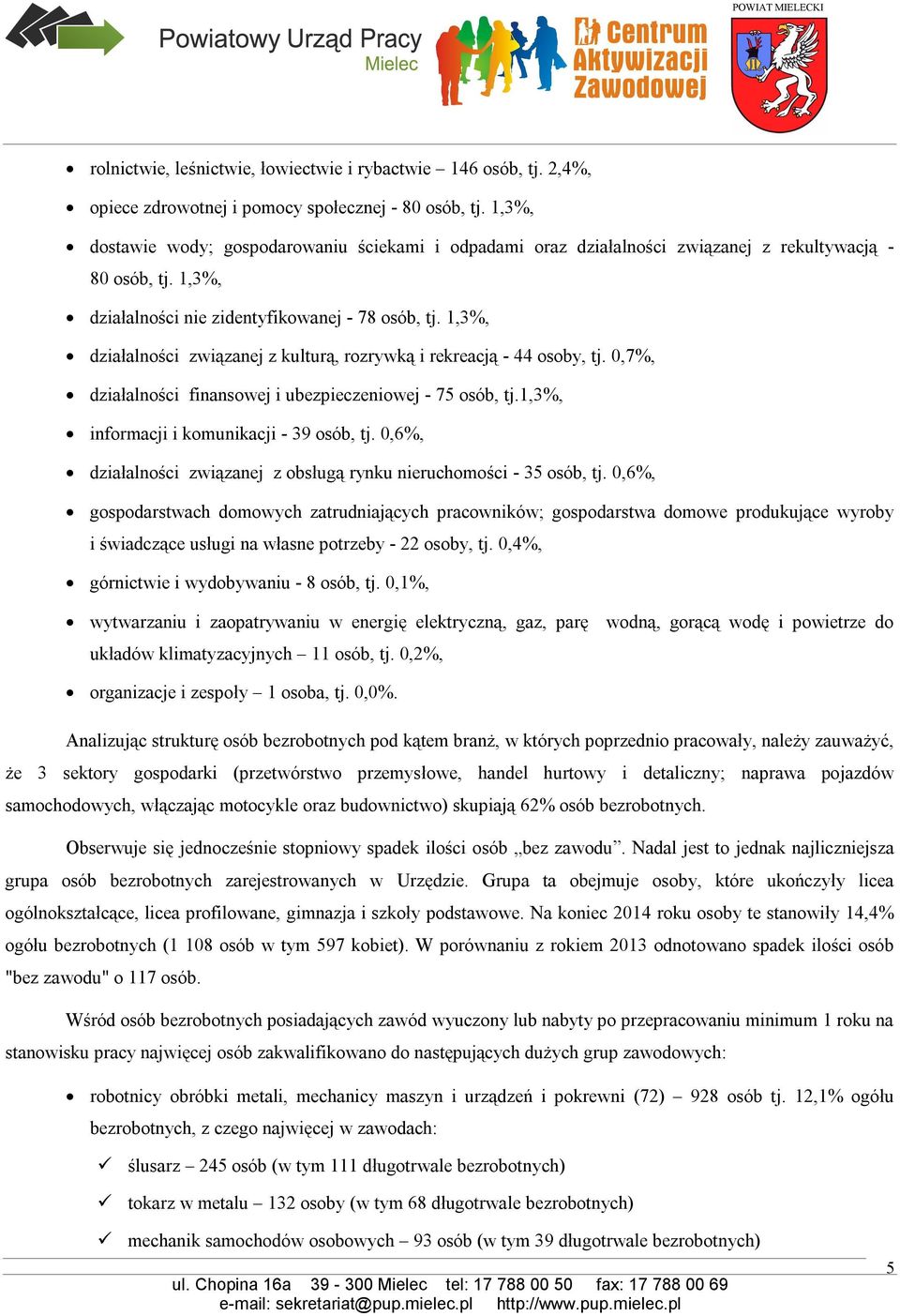 1,3%, działalności związanej z kulturą, rozrywką i rekreacją - 44 osoby, tj. 0,7%, działalności finansowej i ubezpieczeniowej - 75 osób, tj.1,3%, informacji i komunikacji - 39 osób, tj.