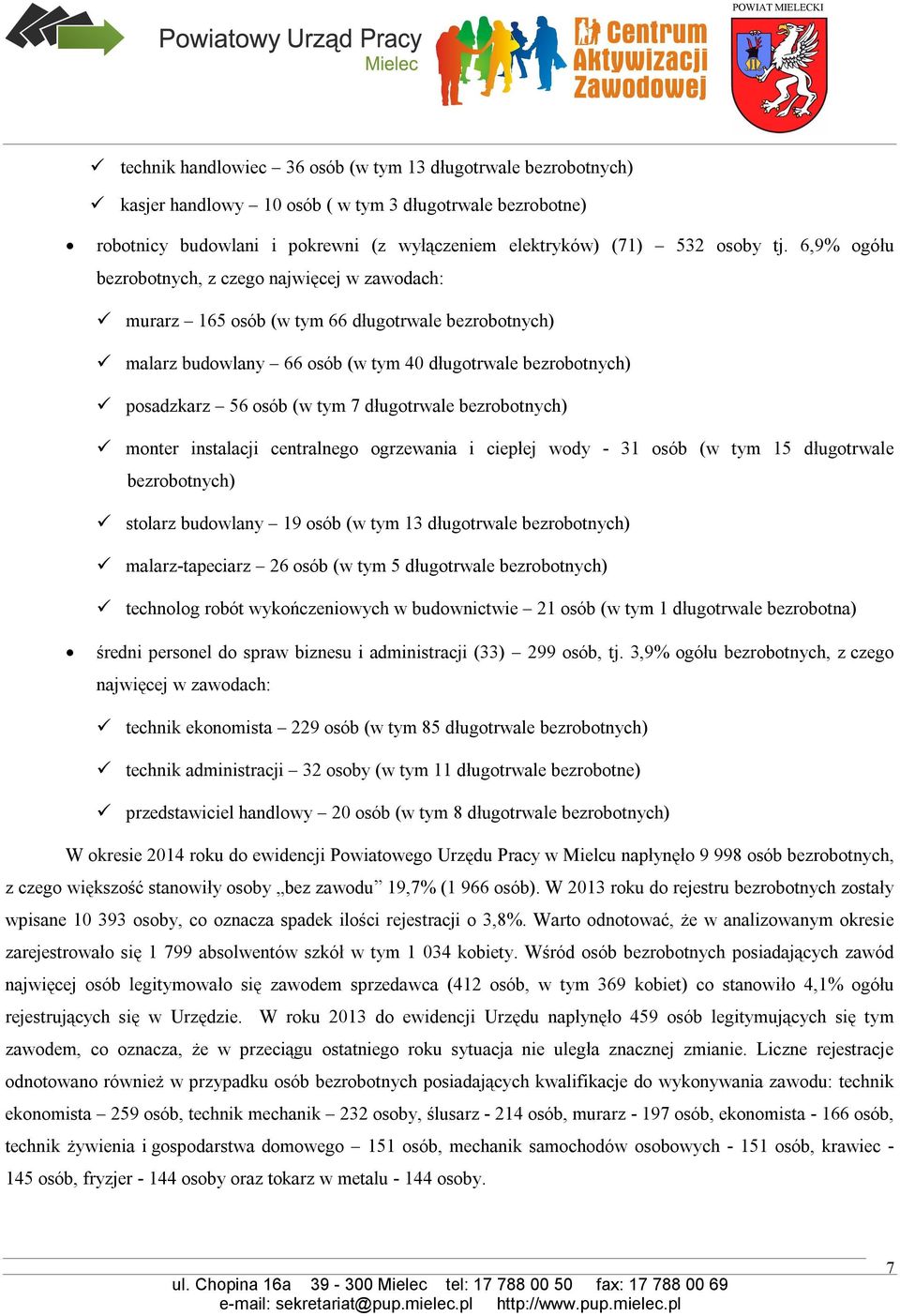 długotrwale bezrobotnych) monter instalacji centralnego ogrzewania i ciepłej wody - 31 osób (w tym 15 długotrwale bezrobotnych) stolarz budowlany 19 osób (w tym 13 długotrwale bezrobotnych)