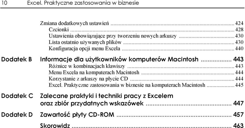 .. 443 Różnice w kombinacjach klawiszy... 443 Menu Excela na komputerach Macintosh... 444 Korzystanie z arkuszy na płycie CD... 444 Excel.