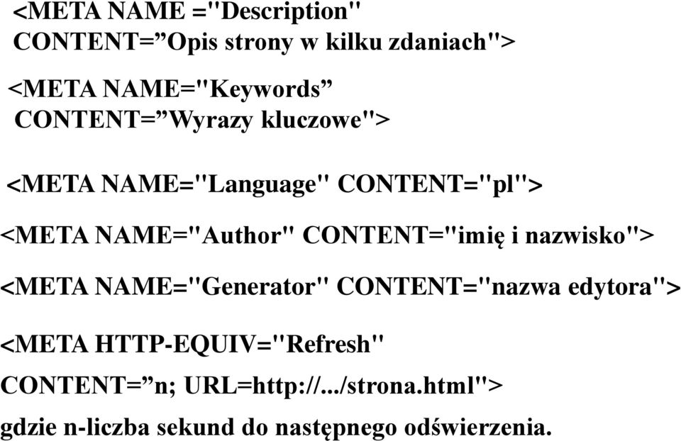 CONTENT="imię i nazwisko"> <META NAME="Generator" CONTENT="nazwa edytora"> <META