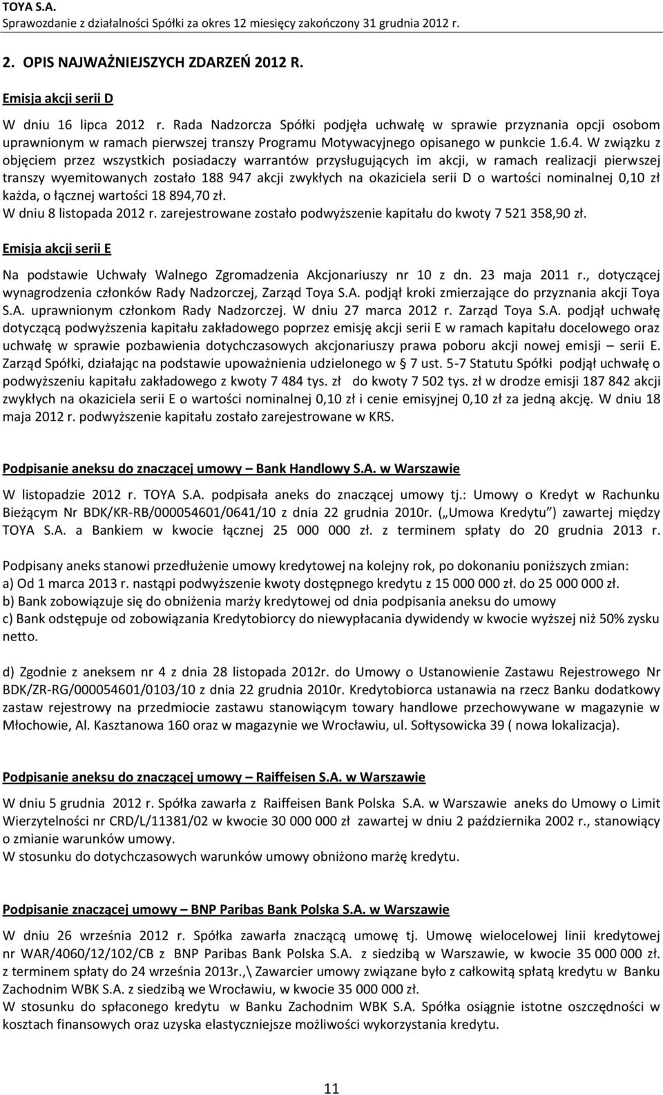 W związku z objęciem przez wszystkich posiadaczy warrantów przysługujących im akcji, w ramach realizacji pierwszej transzy wyemitowanych zostało 188 947 akcji zwykłych na okaziciela serii D o