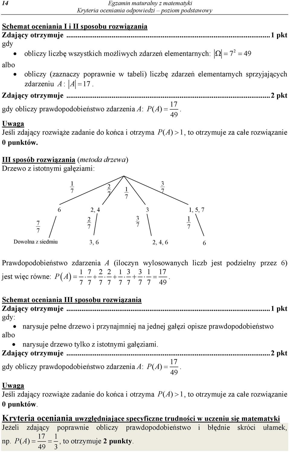 .. pkt 7 gdy obliczy prawdopodobieństwo zdarzenia : P ( ). 49 Uwaga Jeśli zdający rozwiąże zadanie do końca i otrzyma P ( ), to otrzymuje za całe rozwiązanie 0 punktów.