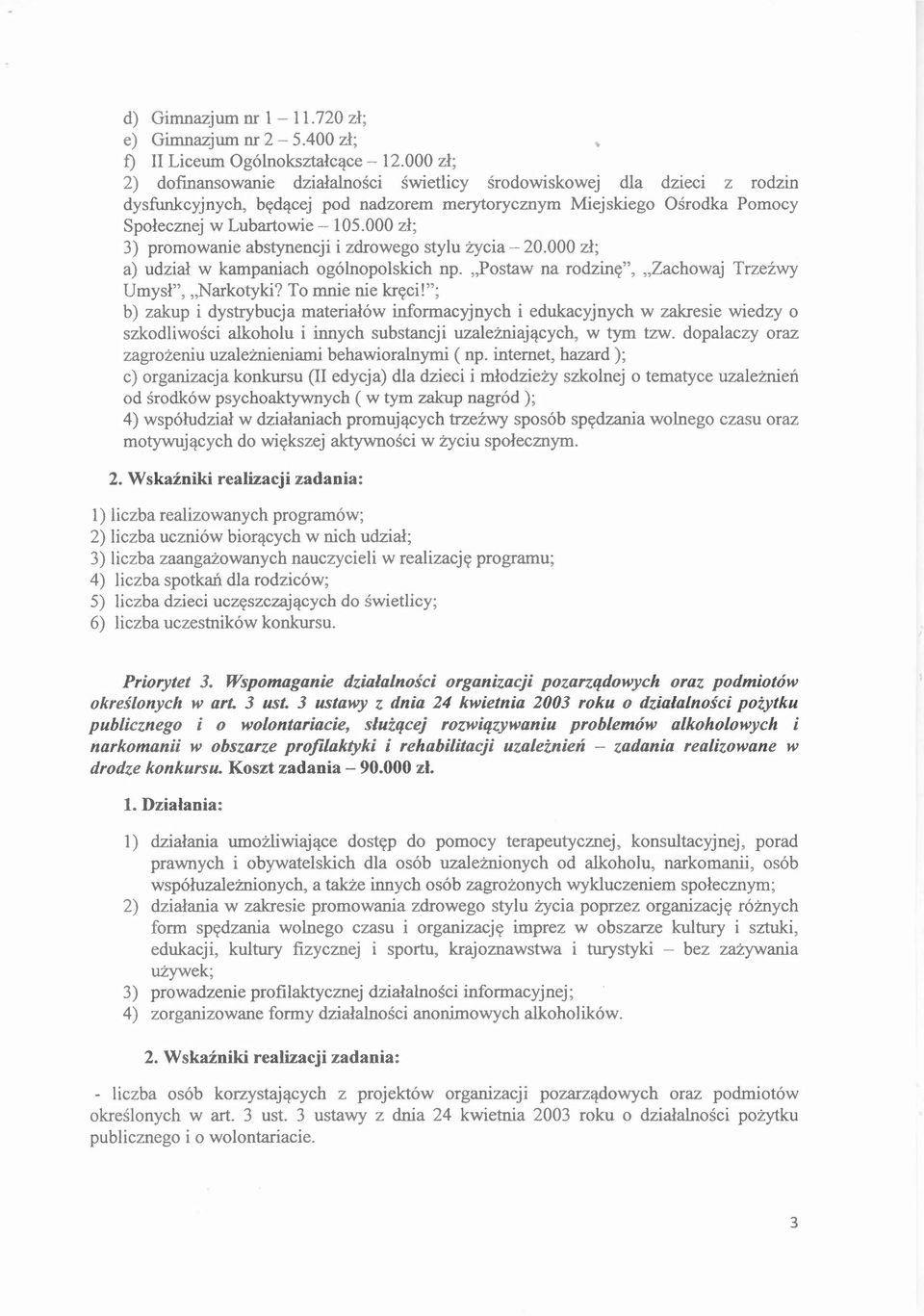 000 zł; 3) promowanie abstynencji i zdrowego stylu życia - 20.000 zł; a) udział w kampaniach ogólnopolskich np..postaw na rodzinę", "Zachowaj Trzeźwy Umysł", "Narkotyki? To mnie nie kręci!