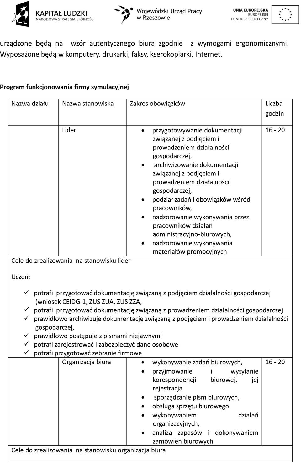 gospodarczej, archiwizowanie dokumentacji związanej z podjęciem i prowadzeniem działalności gospodarczej, podział zadań i obowiązków wśród pracowników, nadzorowanie wykonywania przez pracowników