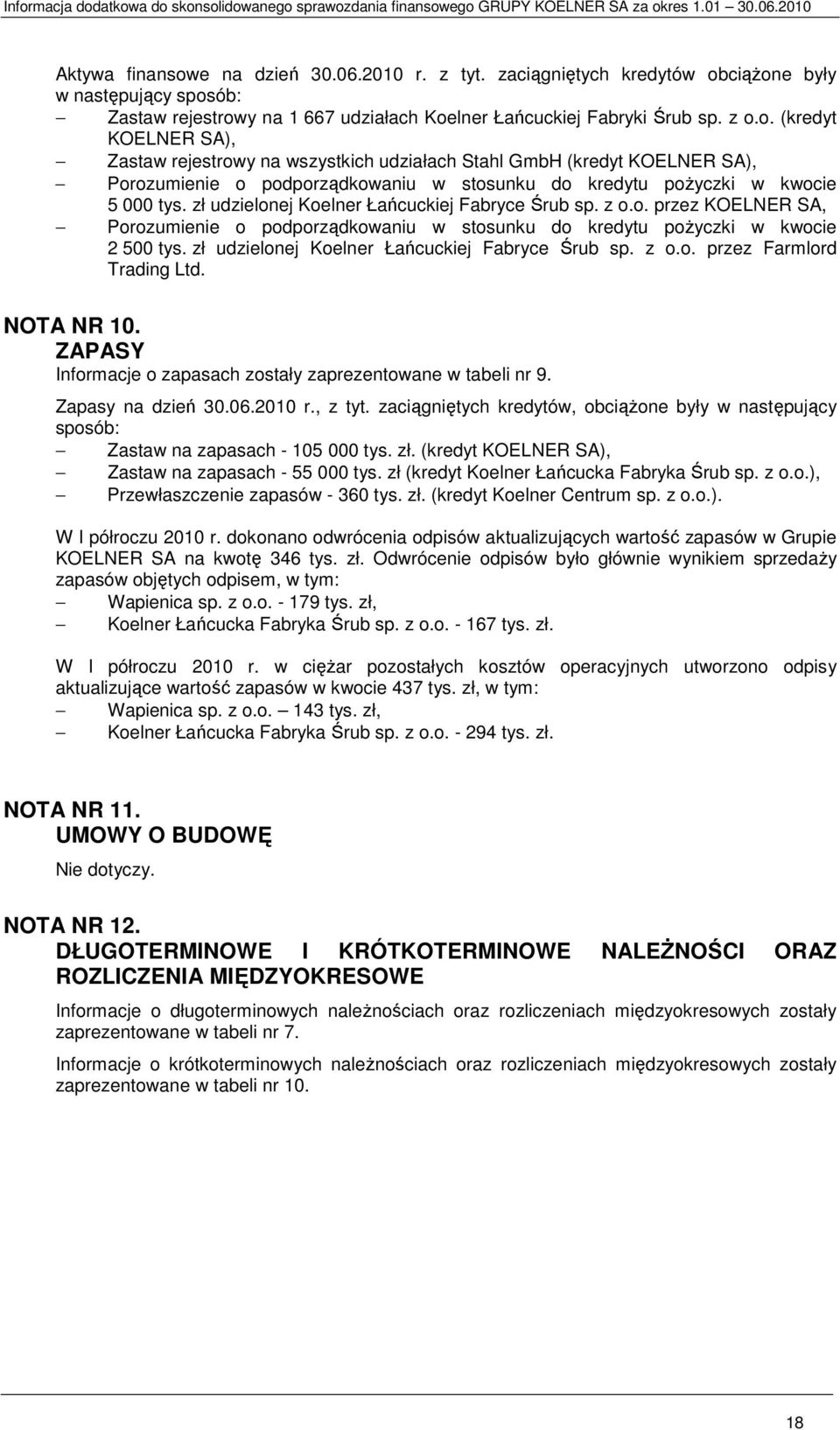 zł udzielonej Koelner Łańcuckiej Fabryce Śrub sp. z o.o. przez Farmlord Trading Ltd. NOTA NR 10. ZAPASY Informacje o zapasach zostały zaprezentowane w tabeli nr 9. Zapasy na dzień 30.06.2010 r.