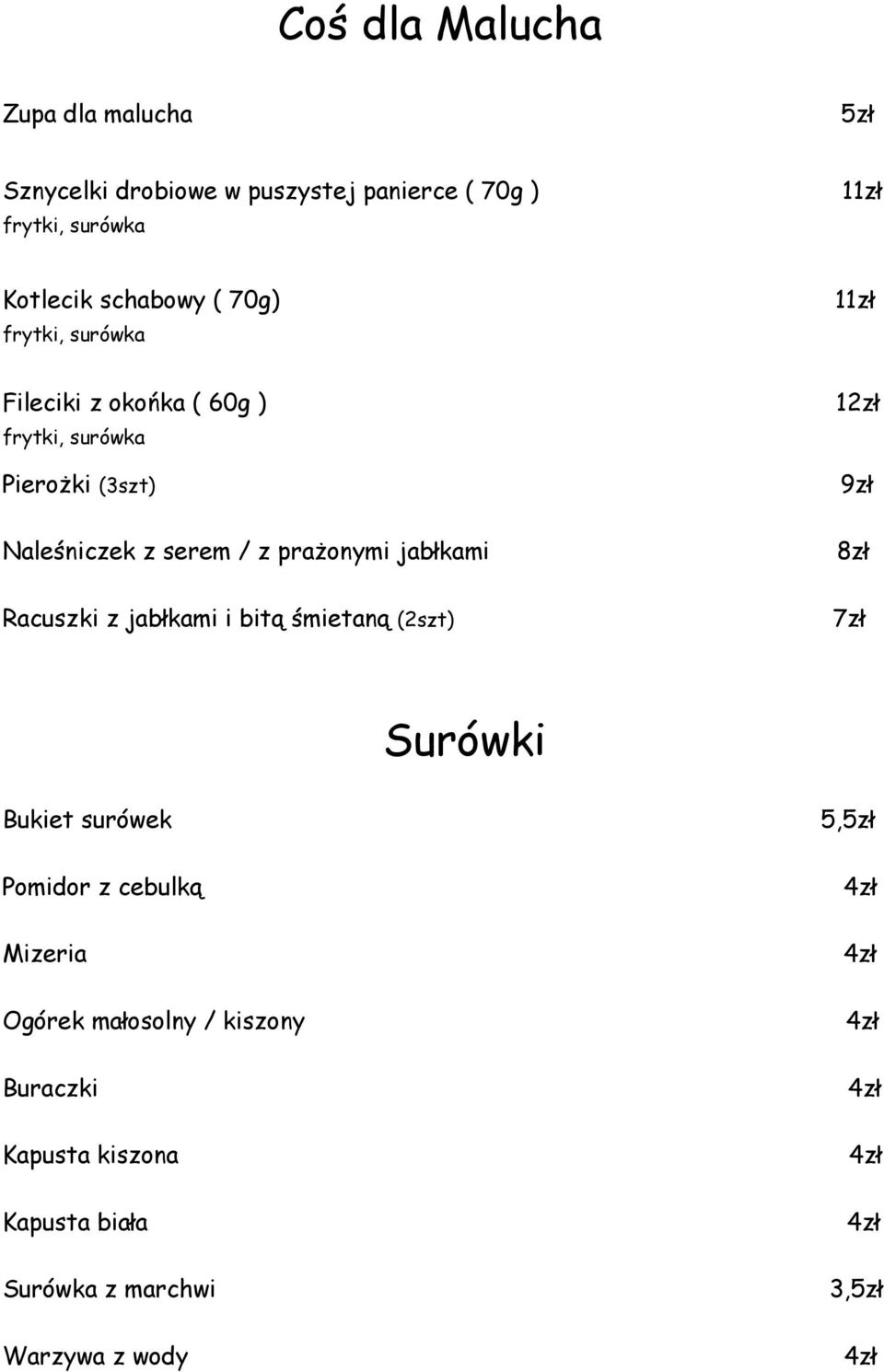 z prażonymi jabłkami Racuszki z jabłkami i bitą śmietaną (2szt) 12zł 8zł 7zł Surówki Bukiet surówek Pomidor z