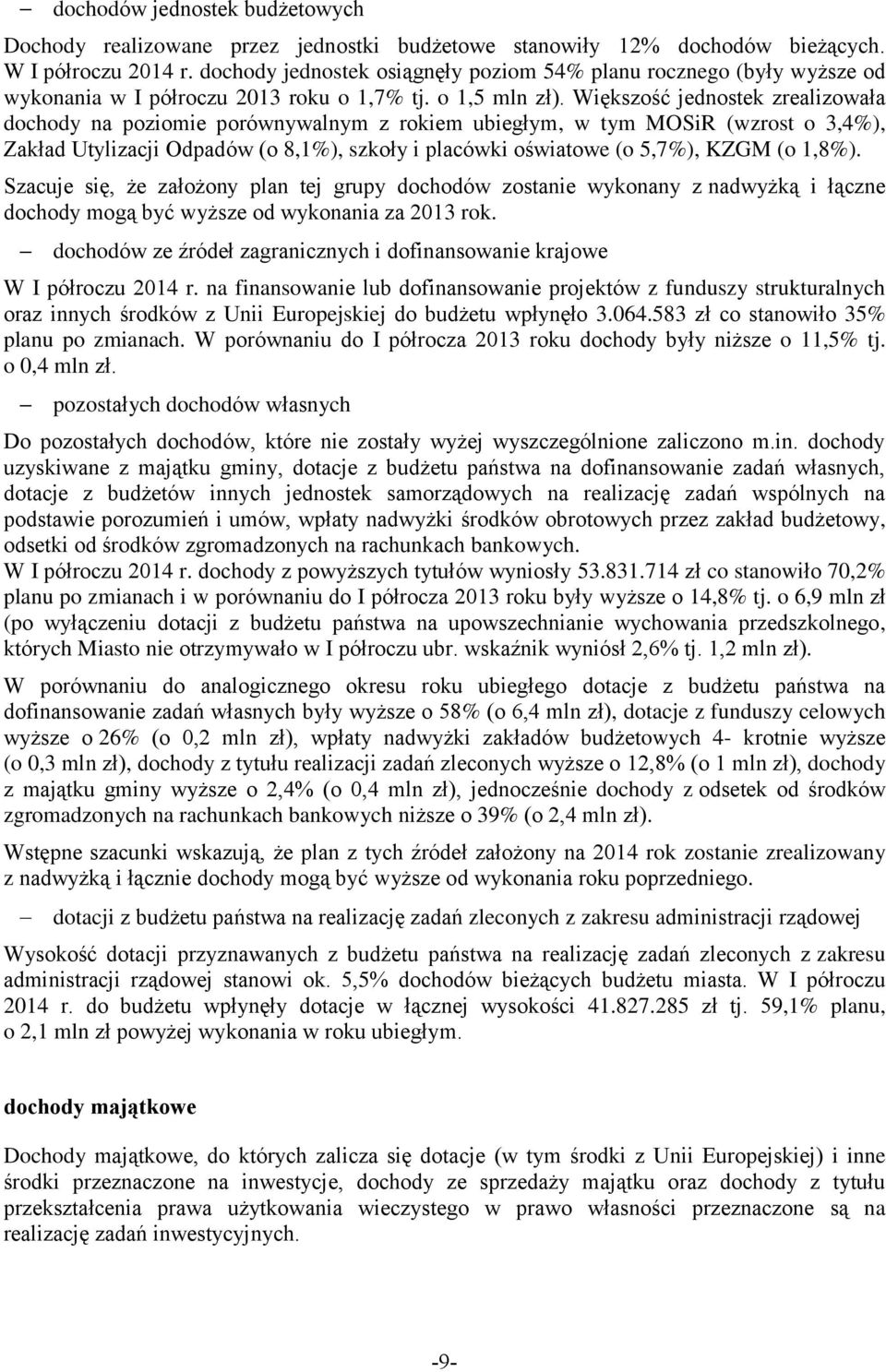 Większość jednostek zrealizowała dochody na poziomie porównywalnym z rokiem ubiegłym, w tym MOSiR (wzrost o 3,4%), Zakład Utylizacji Odpadów (o 8,1%), szkoły i placówki oświatowe (o 5,7%), KZGM (o