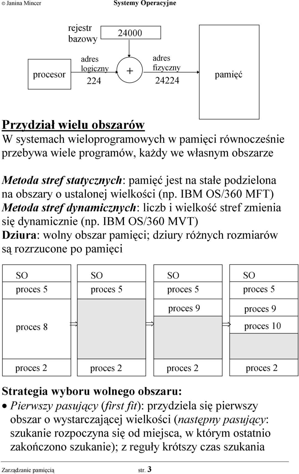 IBM OS/360 MVT) Dziura: wolny obszar pamiêci; dziury ró nych rozmiarów s¹ rozrzucone po pamiêci SO SO SO SO proces 5 proces 5 proces 5 proces 5 proces 8 proces 9 proces 9 Þ Þ Þ proces 10 proces 2