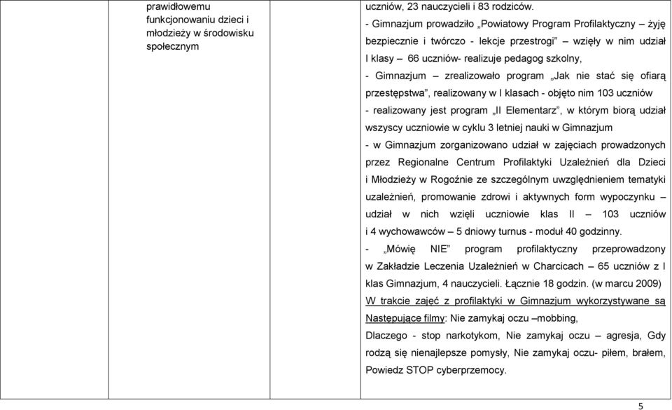 program Jak nie stać się ofiarą przestępstwa, realizowany w I klasach - objęto nim 103 uczniów - realizowany jest program II Elementarz, w którym biorą udział wszyscy uczniowie w cyklu 3 letniej