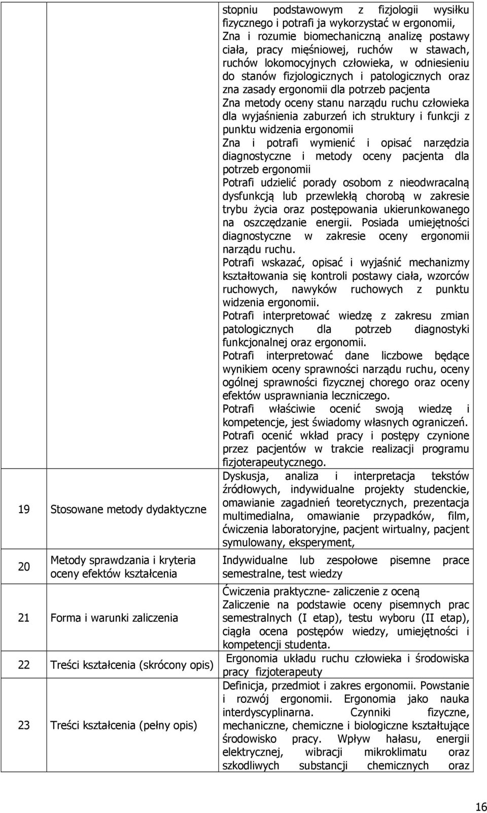 człowieka, w odniesieniu do stanów fizjologicznych i patologicznych oraz zna zasady ergonomii dla potrzeb pacjenta Zna metody oceny stanu narządu ruchu człowieka dla wyjaśnienia zaburzeń ich