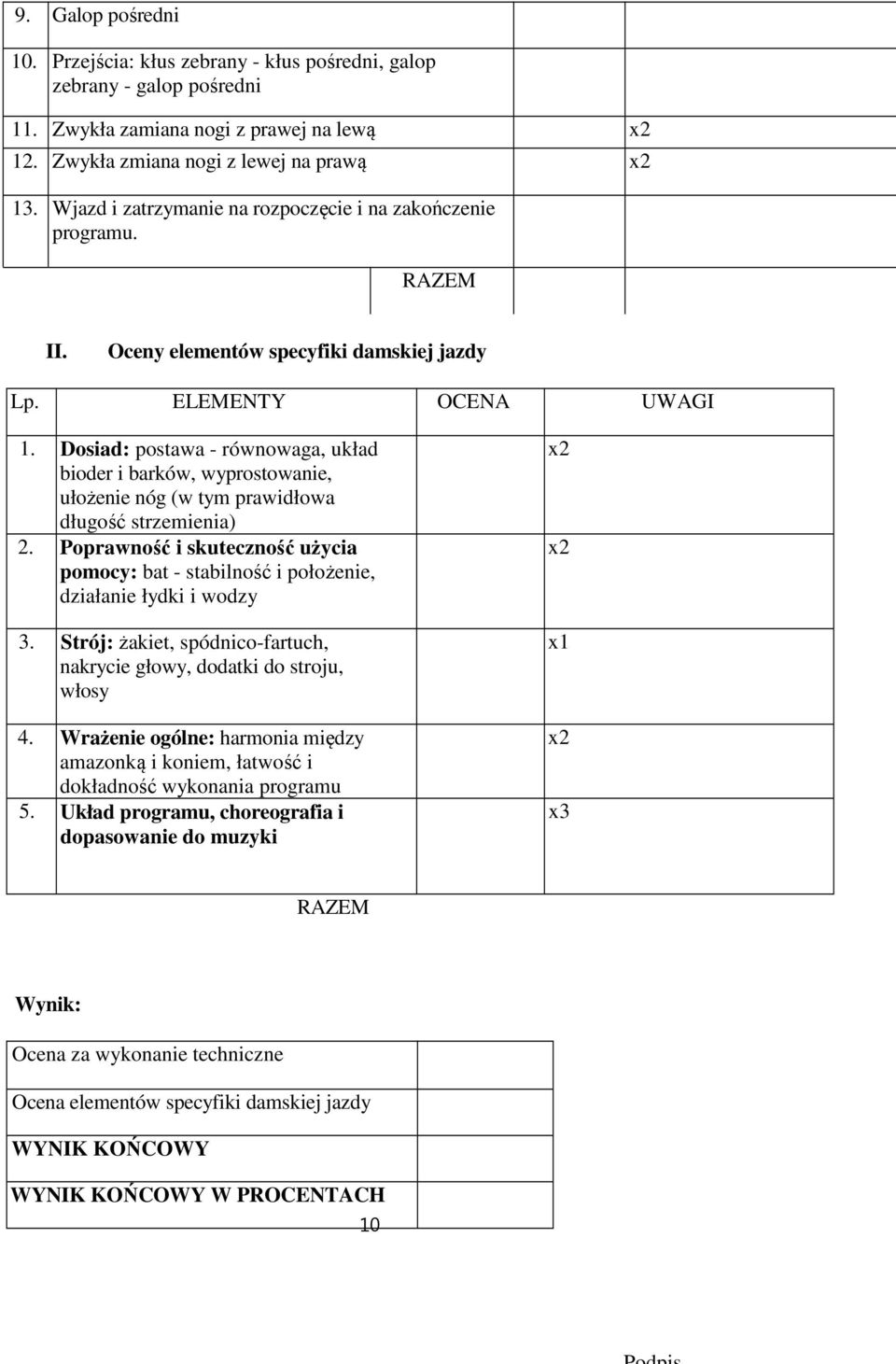 Dosiad: postawa - równowaga, układ bioder i barków, wyprostowanie, ułożenie nóg (w tym prawidłowa długość strzemienia) 2.