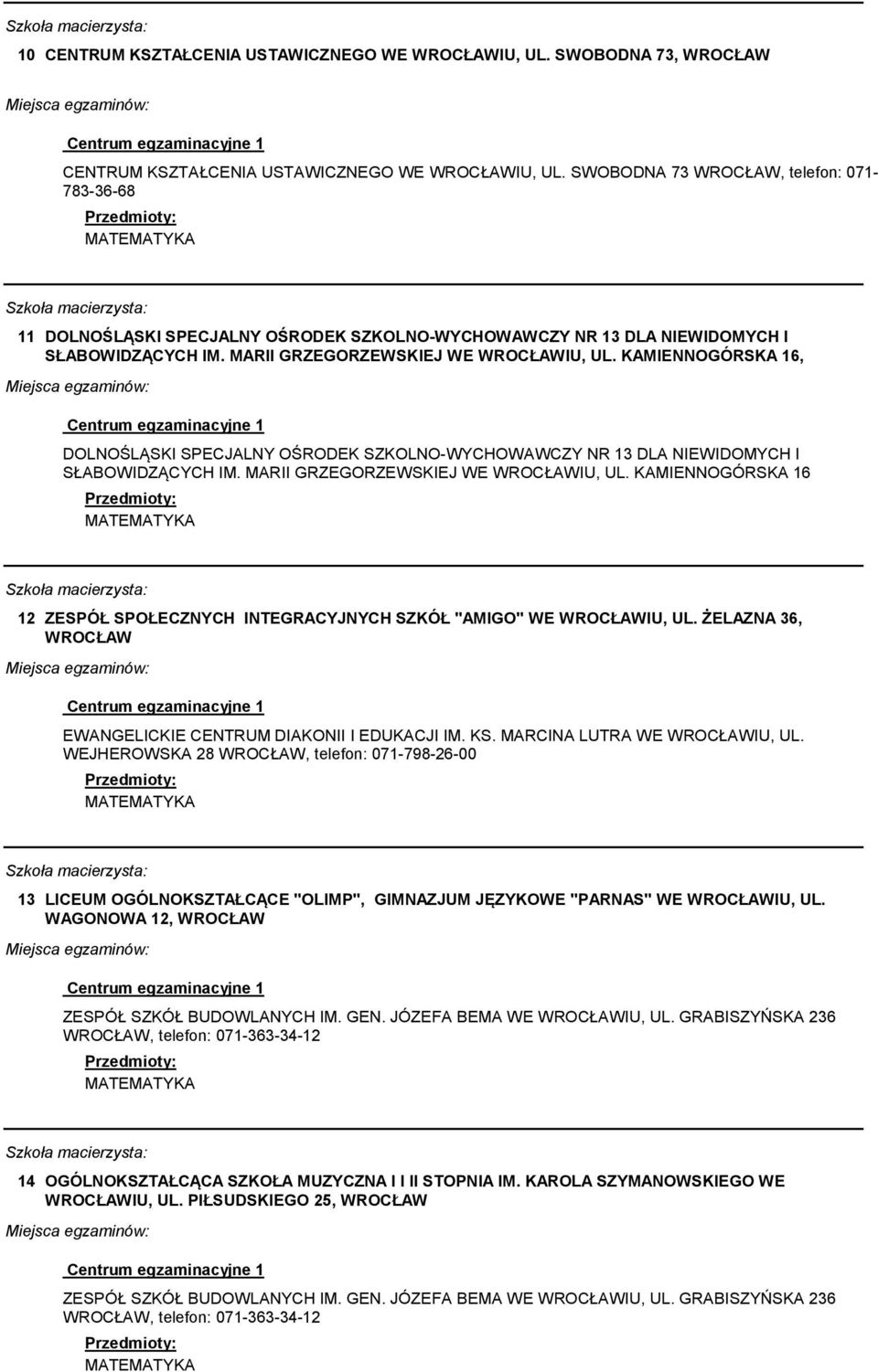 KAMIENNOGÓRSKA 16, DOLNOŚLĄSKI SPECJALNY OŚRODEK SZKOLNO-WYCHOWAWCZY NR 13 DLA NIEWIDOMYCH I SŁABOWIDZĄCYCH IM. MARII GRZEGORZEWSKIEJ WE WROCŁAWIU, UL.