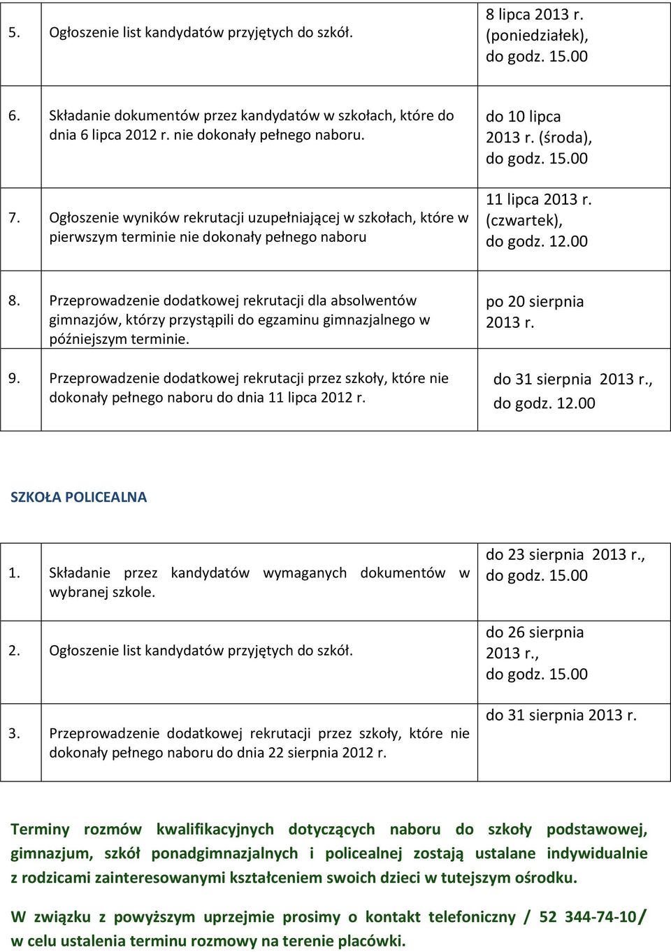 Przeprowadzenie dodatkowej rekrutacji dla absolwentów gimnazjów, którzy przystąpili do egzaminu gimnazjalnego w późniejszym terminie. 9.